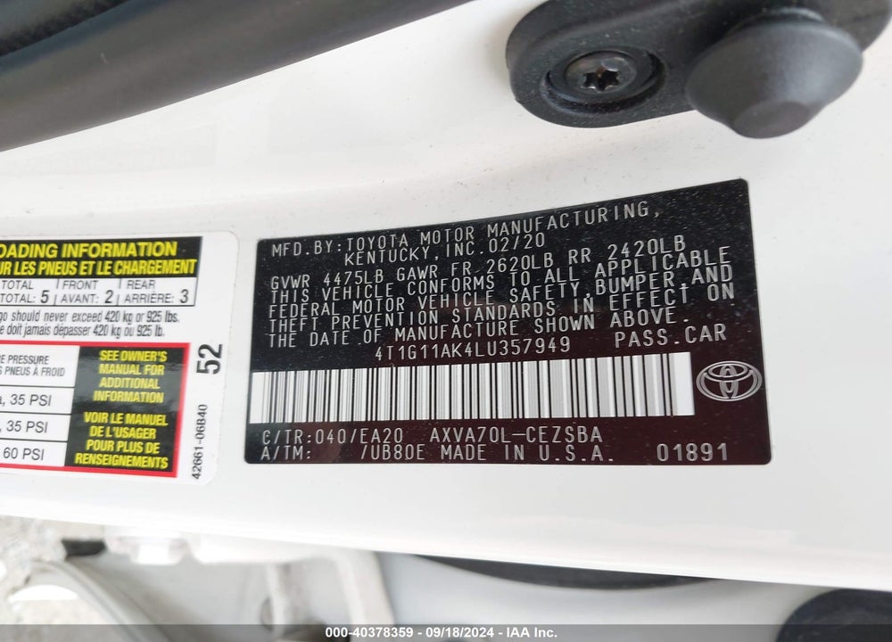2020 TOYOTA CAMRY SE VIN: 4T1G11AK4LU357949