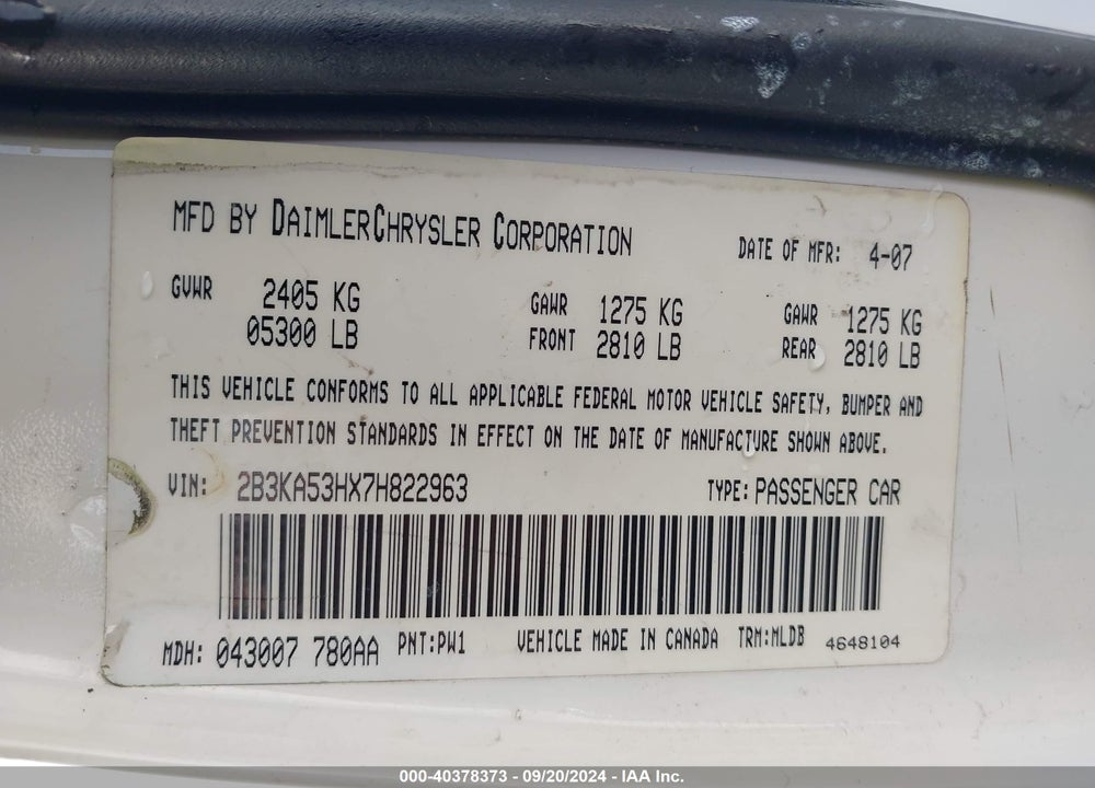 2007 DODGE CHARGER RT VIN: 2B3KA53HX7H822963