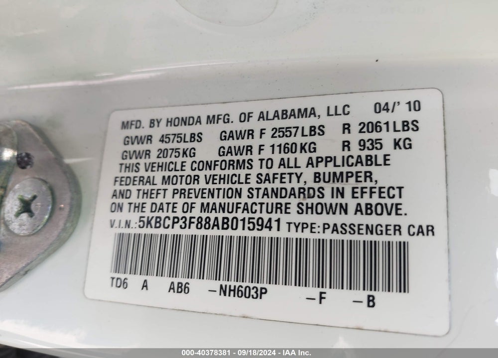 2010 HONDA ACCORD 3.5 EX-L VIN: 5KBCP3F88AB015941