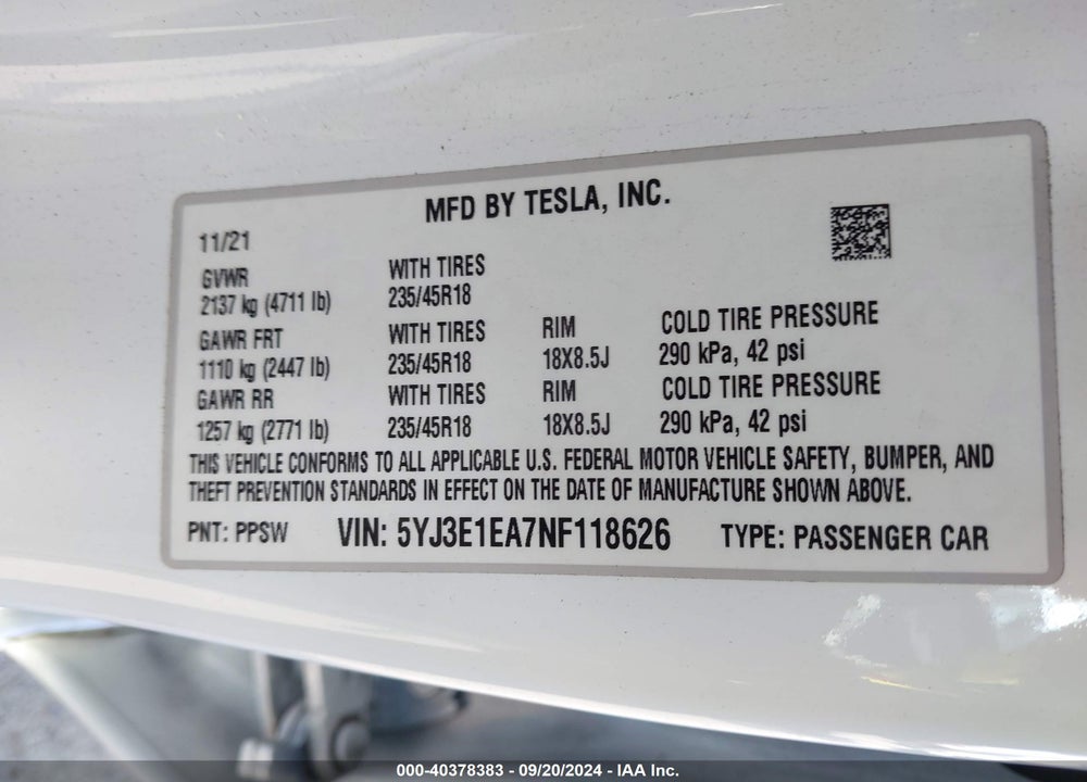 2022 TESLA MODEL 3 VIN: 5YJ3E1EA7NF118626