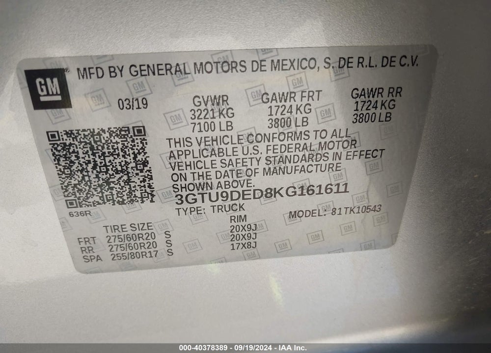 2019 GMC SIERRA 1500 SLT VIN: 3GTU9DED8KG161611