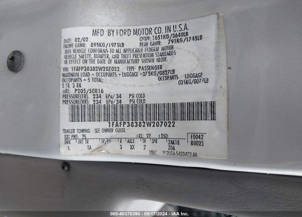 2002 FORD FOCUS ZTS VIN: 1FAFP38382W207022