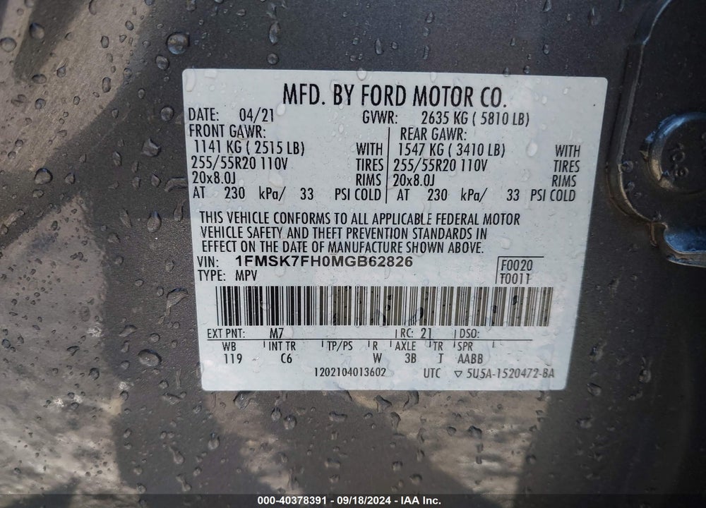 2021 FORD EXPLORER LIMITED VIN: 1FMSK7FH0MGB62826