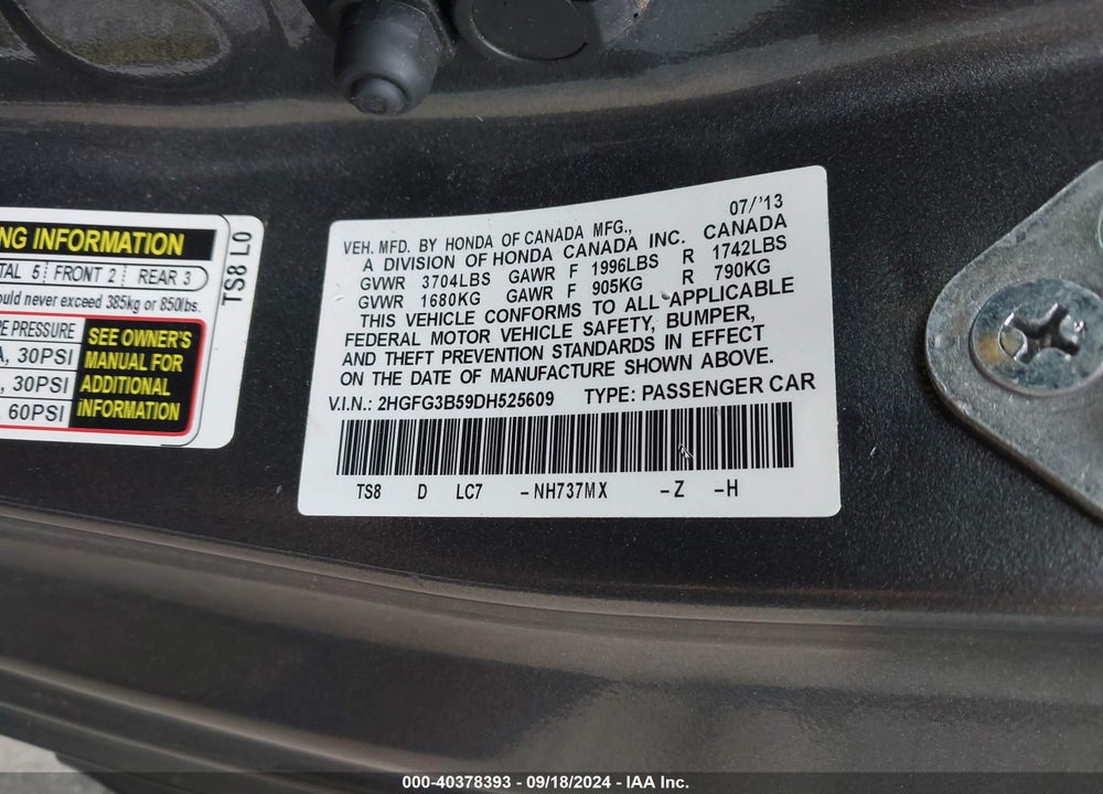 2013 HONDA CIVIC LX VIN: 2HGFG3B59DH525609