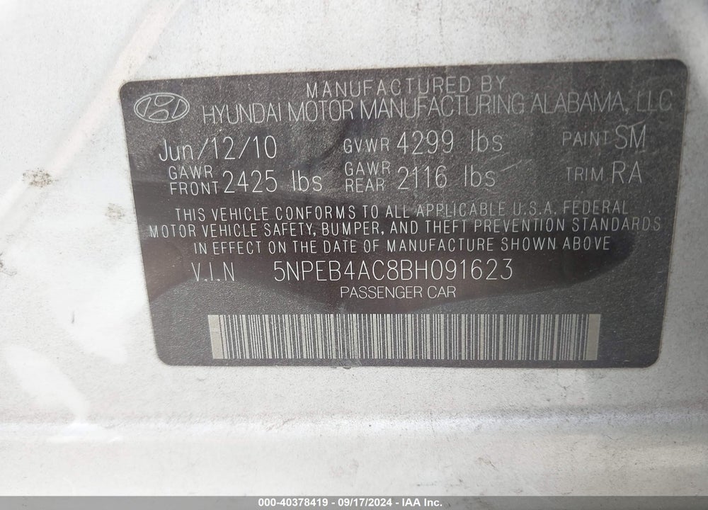 2011 HYUNDAI SONATA GLS VIN: 5NPEB4AC8BH091623