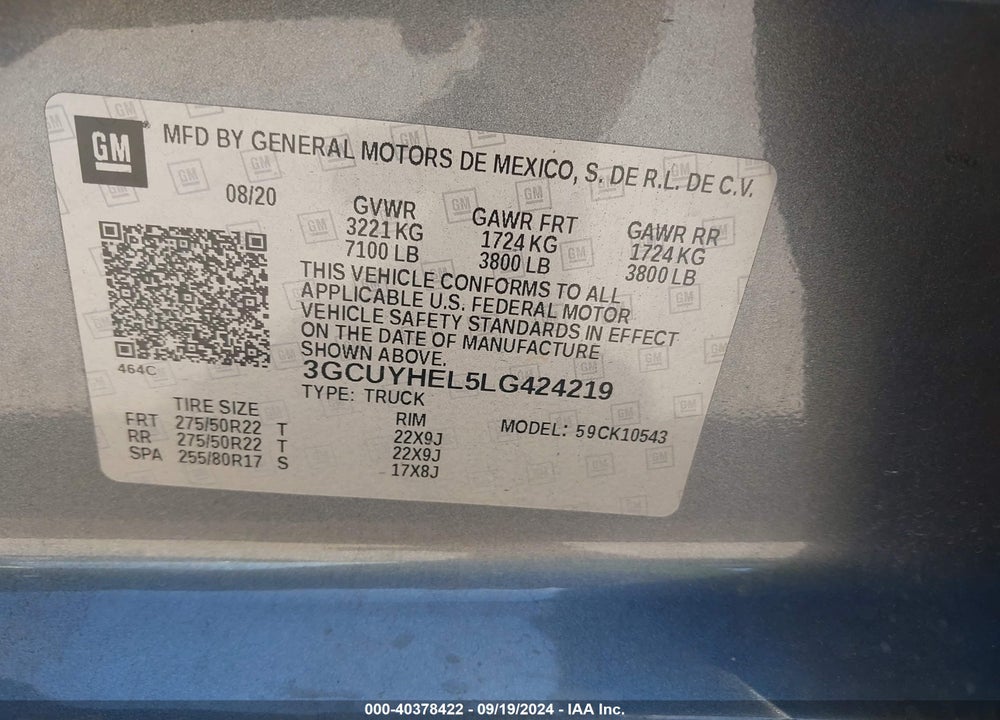2020 CHEVROLET SILVERADO 1500 4WD SHORT BED HIGH COUNTRY VIN: 3GCUYHEL5LG424219