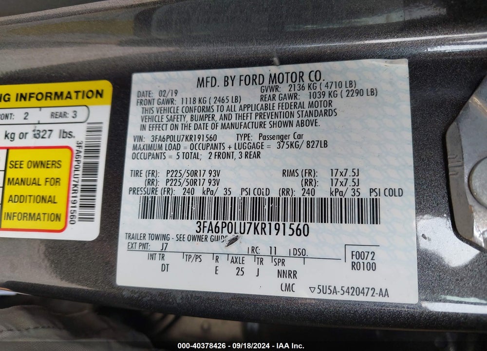 2019 FORD FUSION HYBRID SE VIN: 3FA6P0LU7KR191560