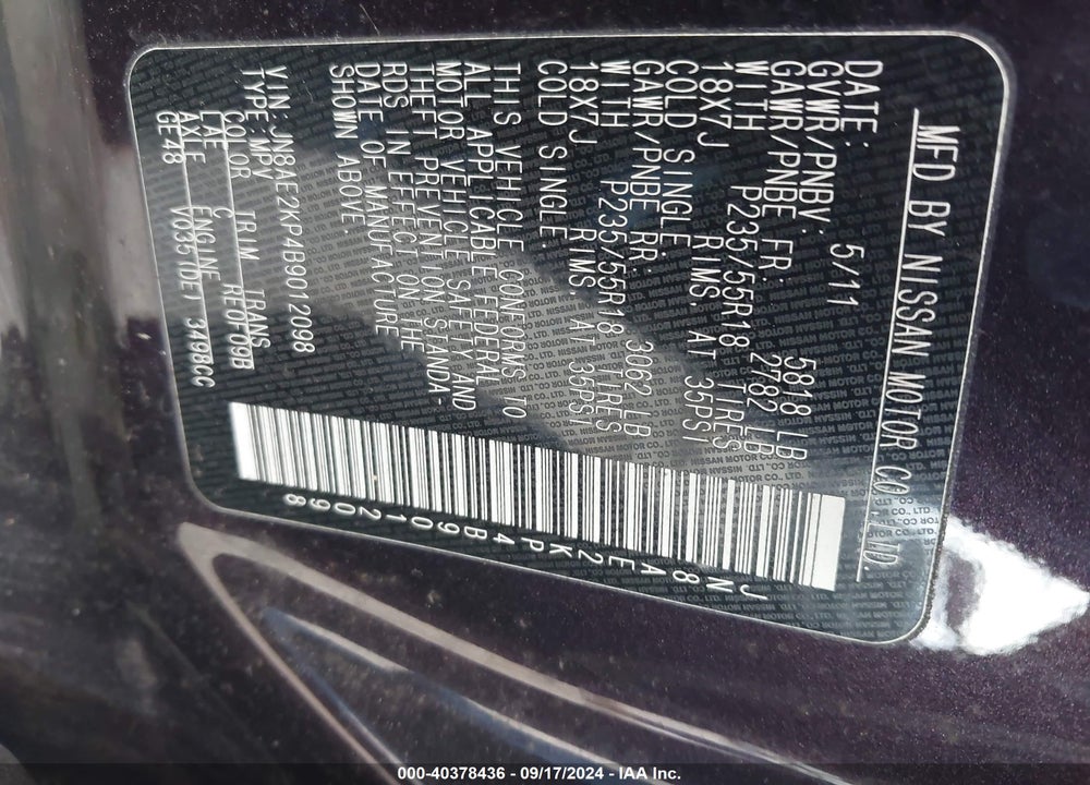 2011 NISSAN QUEST SL VIN: JN8AE2KP4B9012098