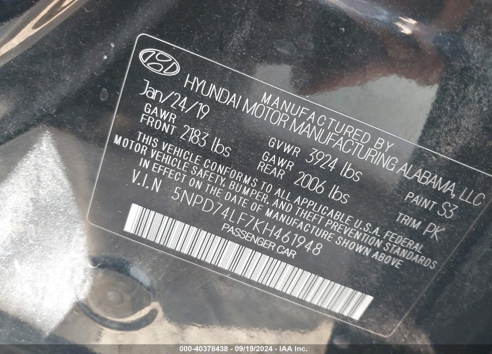 2019 HYUNDAI ELANTRA SE VIN: 5NPD74LF7KH461948