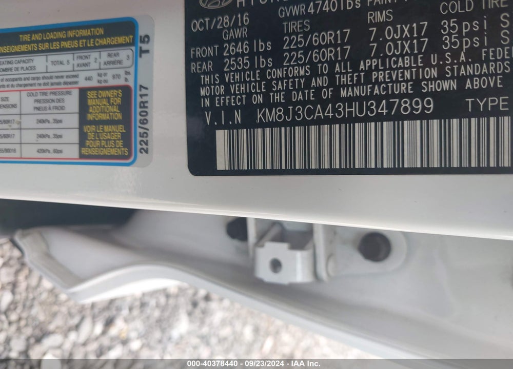 2017 HYUNDAI TUCSON SE VIN: KM8J3CA43HU347899