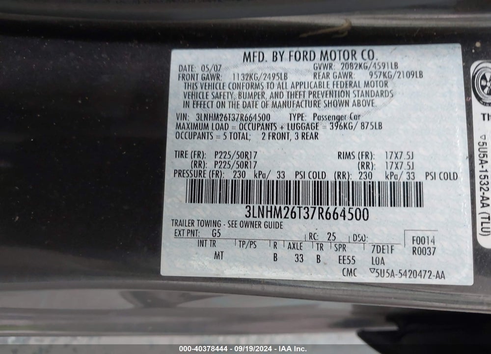 2007 LINCOLN MKZ VIN: 3LNHM26T37R664500