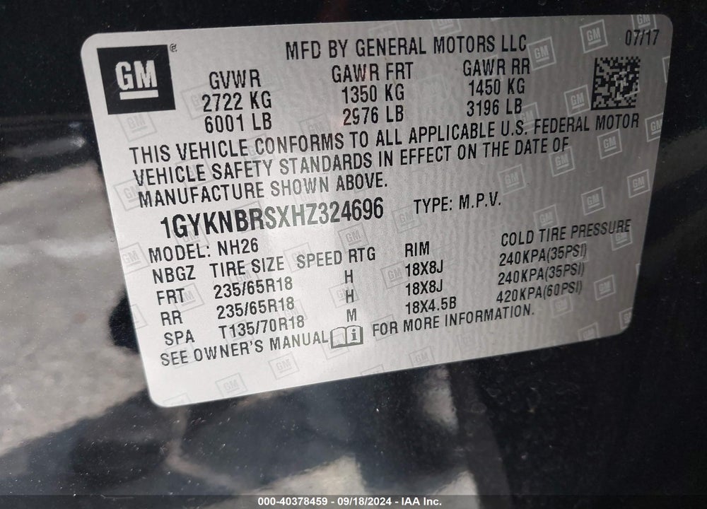 2017 CADILLAC XT5 VIN: 1GYKNBRSXHZ324696