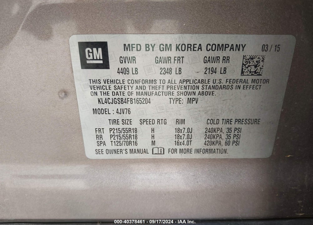 2015 BUICK ENCORE LEATHER VIN: KL4CJGSB4FB165204