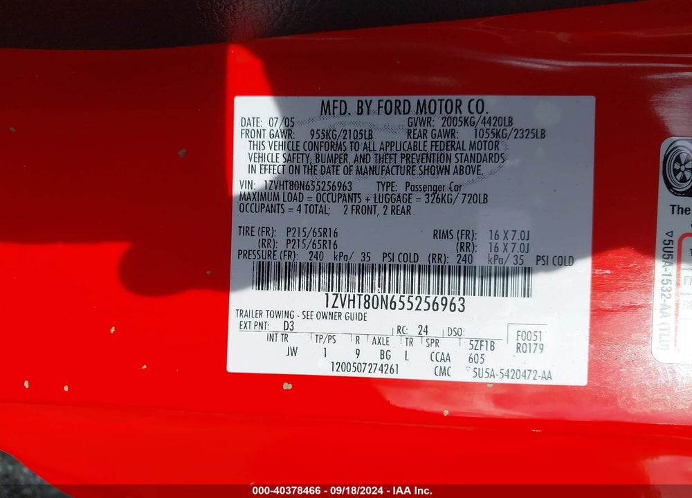 2005 FORD MUSTANG V6 DELUXE/V6 PREMIUM VIN: 1ZVHT80N655256963