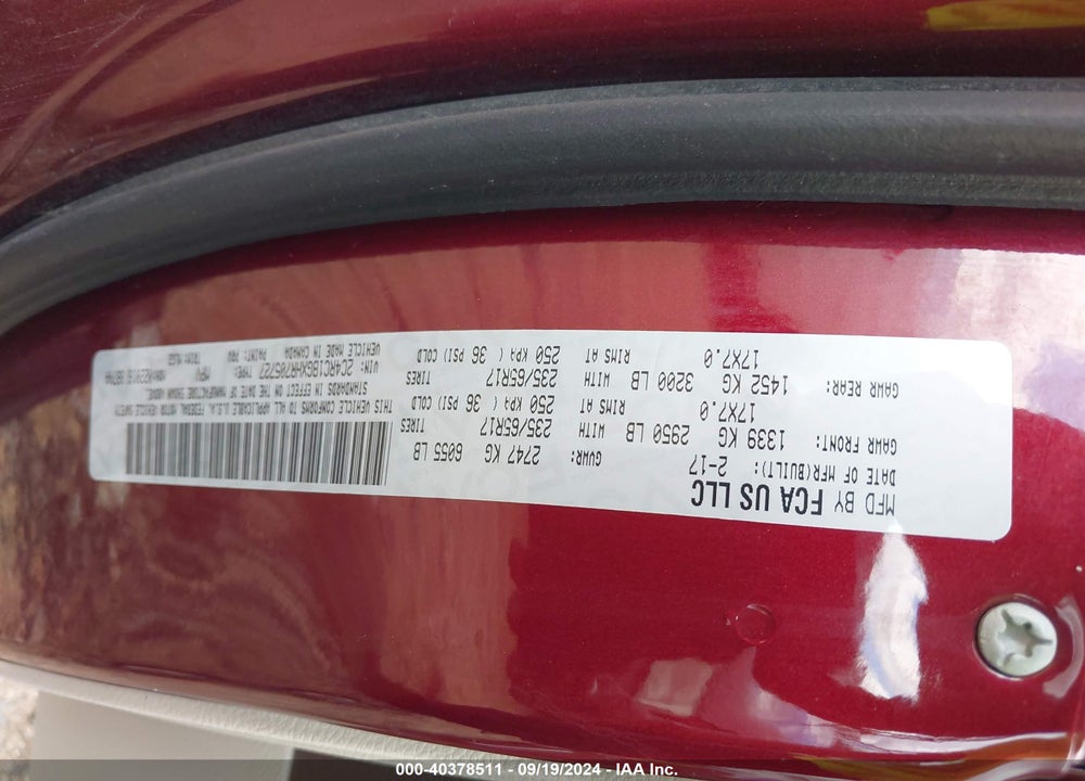 2017 CHRYSLER PACIFICA TOURING L VIN: 2C4RC1BGXHR705727