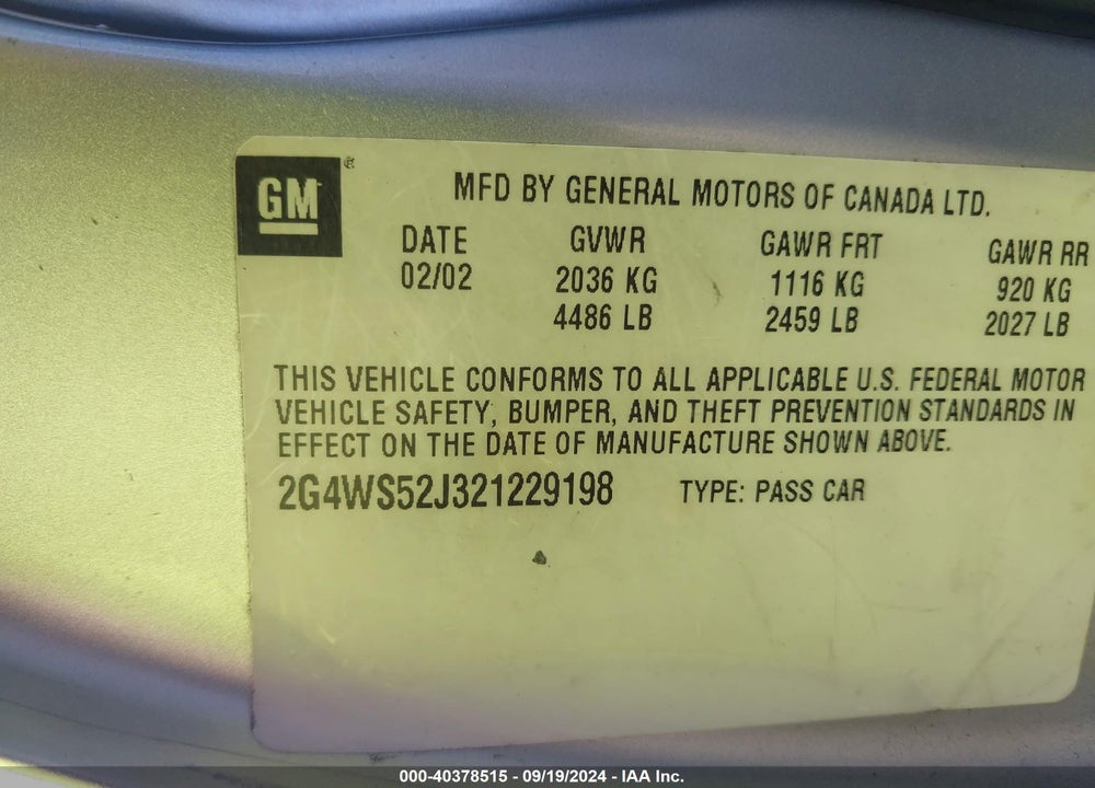 2002 BUICK CENTURY CUSTOM VIN: 2G4WS52J321229198