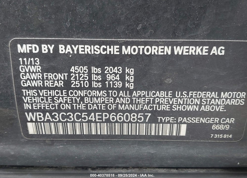 2014 BMW 320I XDRIVE VIN: WBA3C3C54EP660857