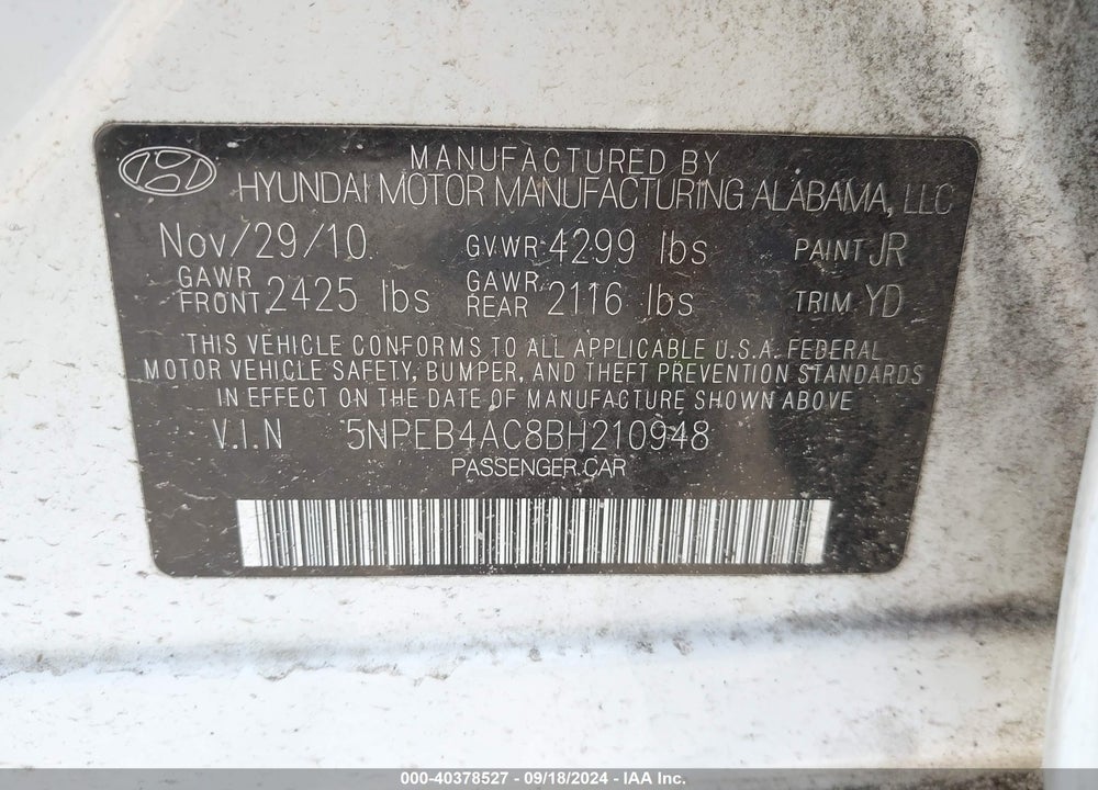 2011 HYUNDAI SONATA GLS VIN: 5NPEB4AC8BH210948