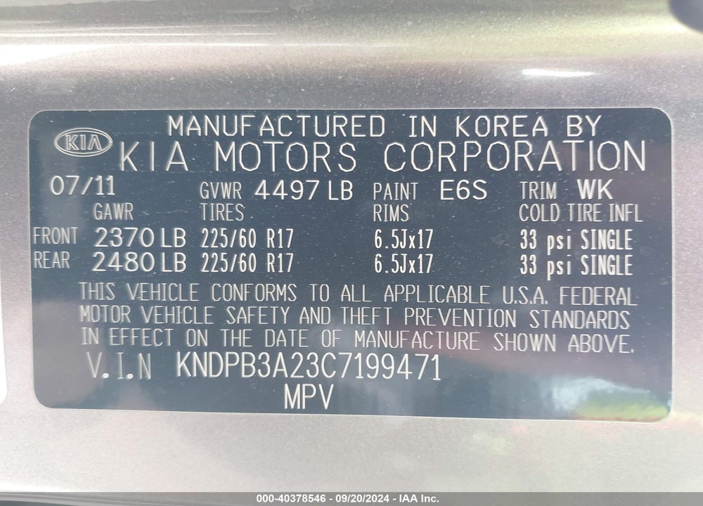 2012 KIA SPORTAGE LX VIN: KNDPB3A23C7199471