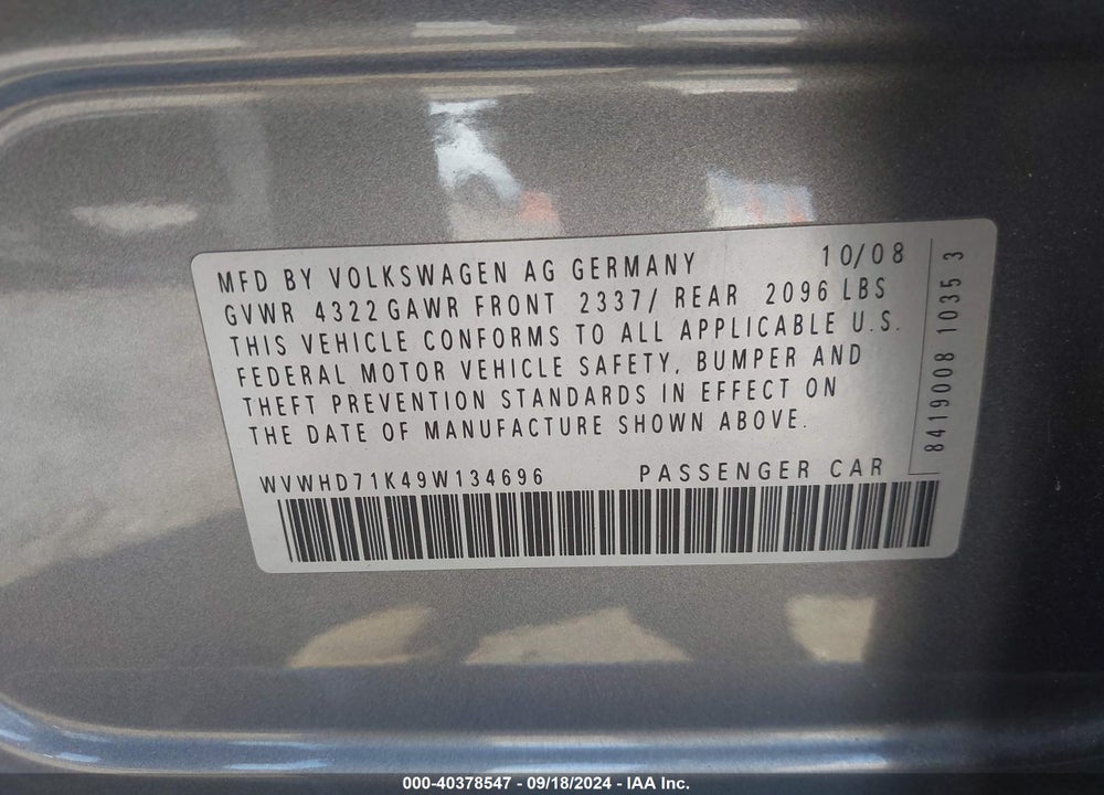 2009 VOLKSWAGEN GTI 4-DOOR VIN: WVWHD71K49W134696