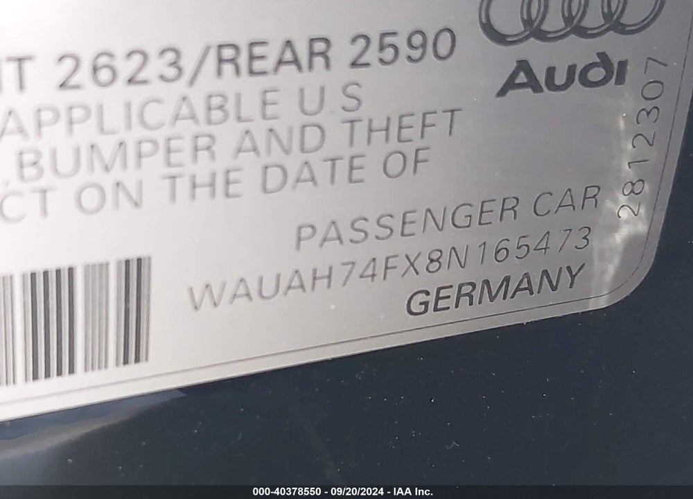 2008 AUDI A6 3.2 VIN: WAUAH74FX8N165473