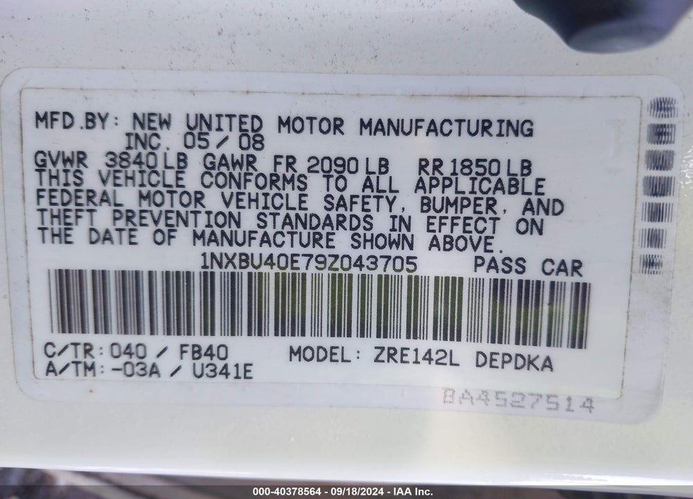 2009 TOYOTA COROLLA LE VIN: 1NXBU40E79Z043705