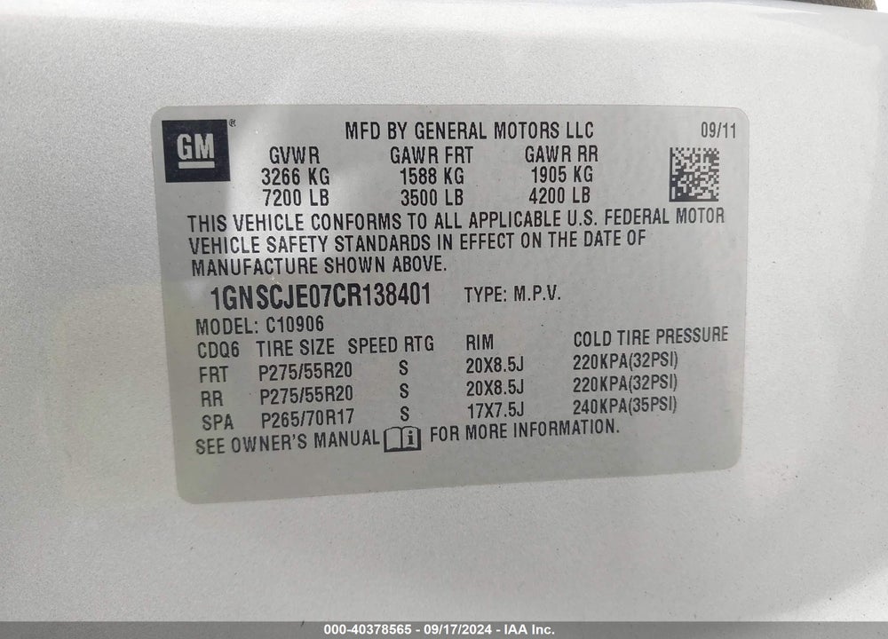 2012 CHEVROLET SUBURBAN 1500 LT VIN: 1GNSCJE07CR138401