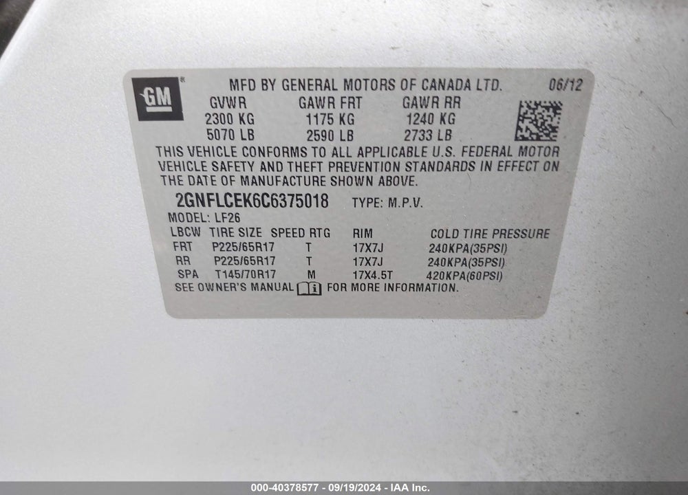 2012 CHEVROLET EQUINOX LS VIN: 2GNFLCEK6C6375018