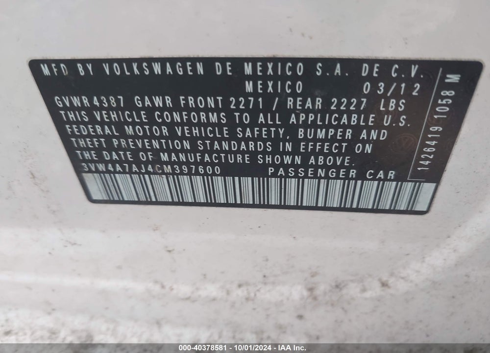 2012 VOLKSWAGEN JETTA GLI AUTOBAHN VIN: 3VW4A7AJ4CM397600