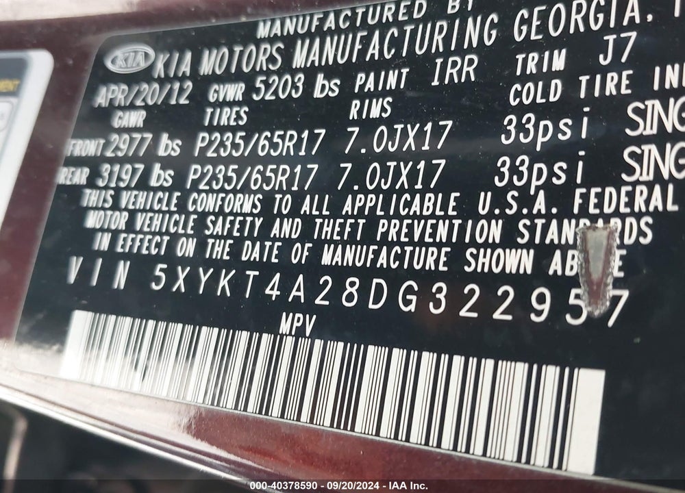 2013 KIA SORENTO LX V6 VIN: 5XYKT4A28DG322957
