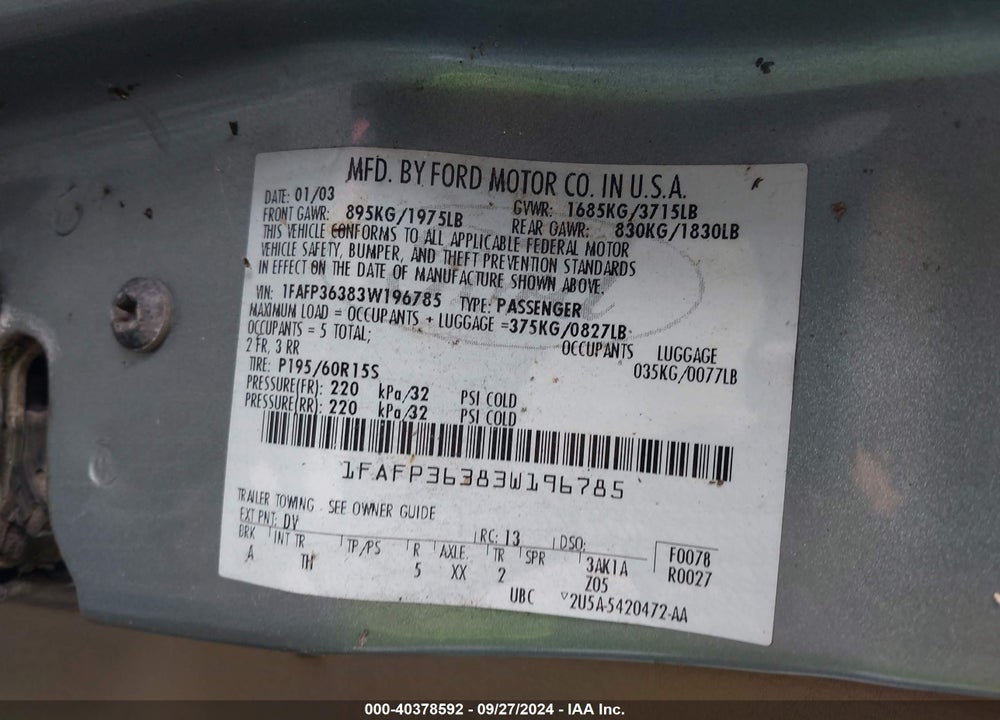 2003 FORD FOCUS SE/ZTW VIN: 1FAFP36383W196785