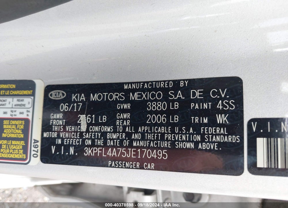 2018 KIA FORTE LX VIN: 3KPFL4A75JE170495