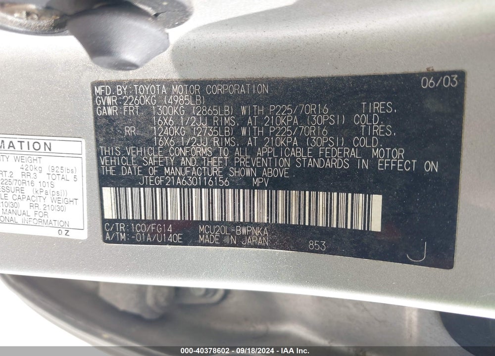 2003 TOYOTA HIGHLANDER V6 VIN: JTEGF21A630116156