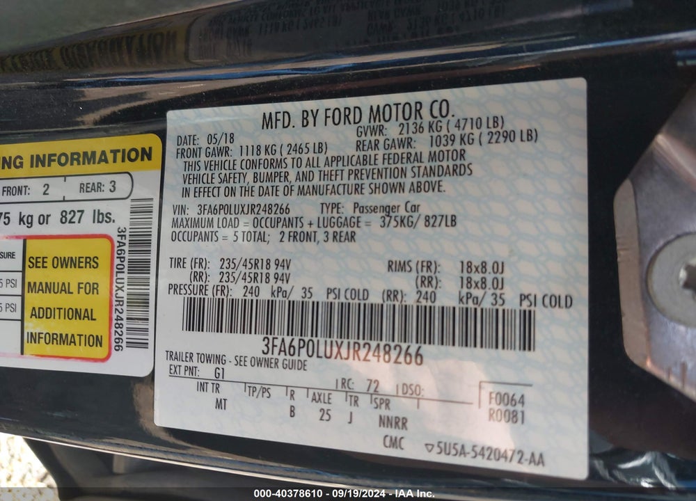 2018 FORD FUSION HYBRID SE VIN: 3FA6P0LUXJR248266