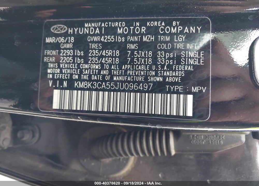 2018 HYUNDAI KONA LIMITED VIN: KM8K3CA55JU096497