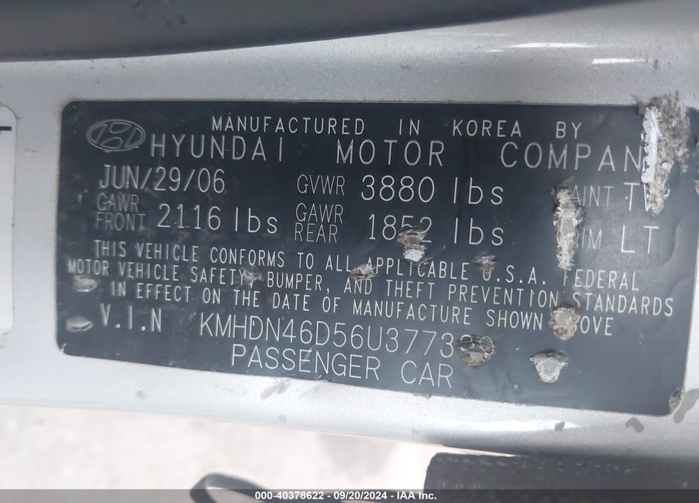 2006 HYUNDAI ELANTRA GLS/LIMITED VIN: KMHDN46D56U377330