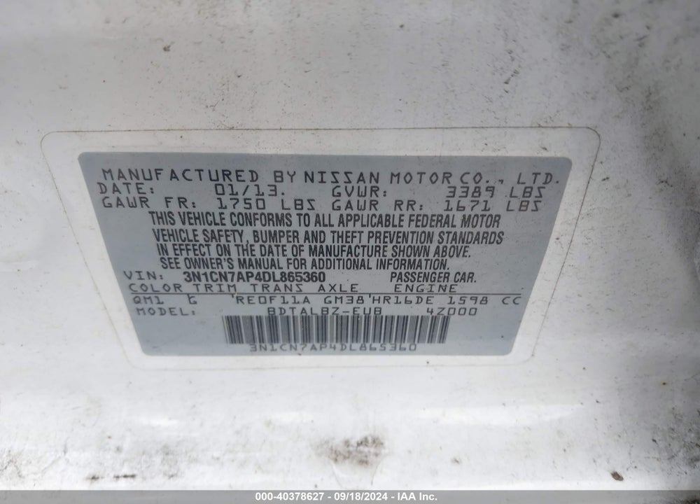 2013 NISSAN VERSA 1.6 SV VIN: 3N1CN7AP4DL865360