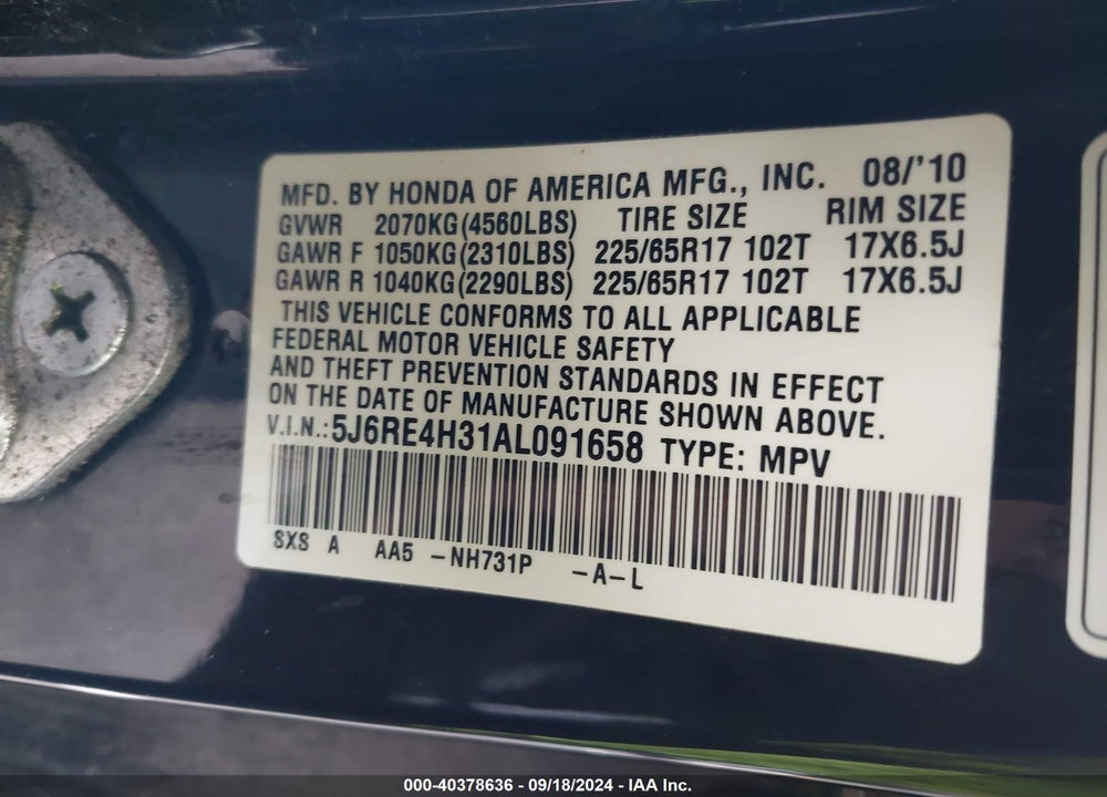 2010 HONDA CR-V LX VIN: 5J6RE4H31AL091658