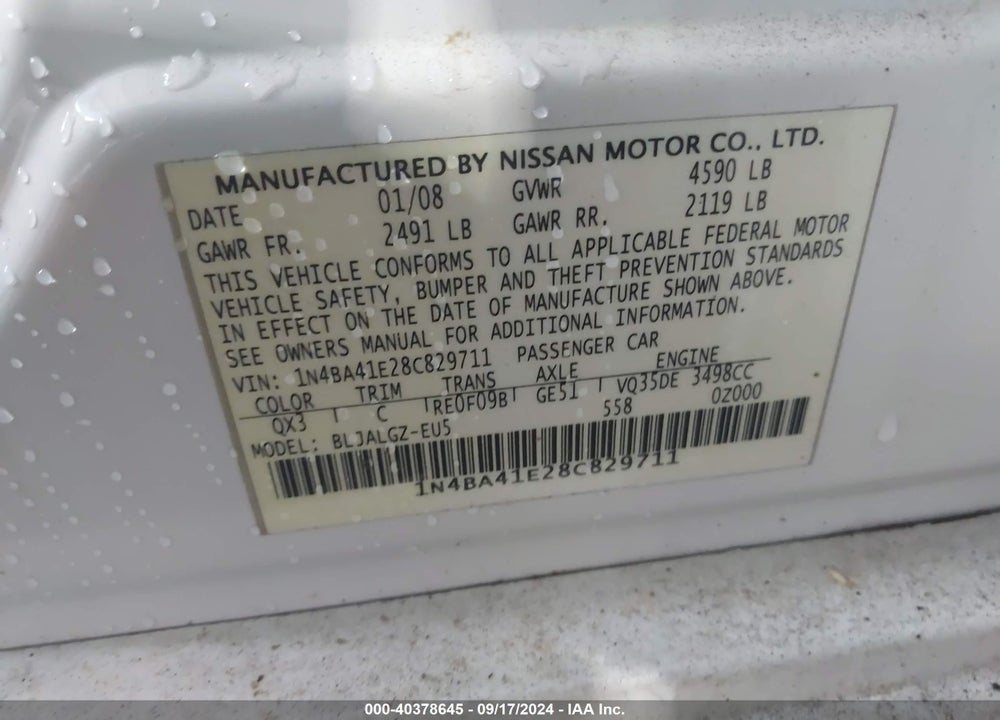 2008 NISSAN MAXIMA 3.5 SL VIN: 1N4BA41E28C829711
