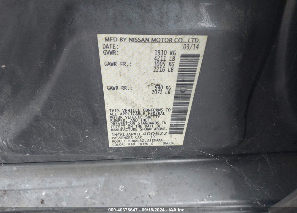 2014 NISSAN ALTIMA 2.5 S VIN: 1N4AL3APXEC400622