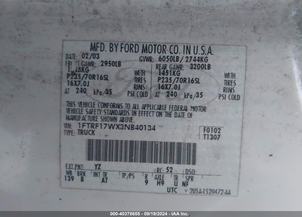 2003 FORD F-150 XL/XLT VIN: 1FTRF17WX3NB40134