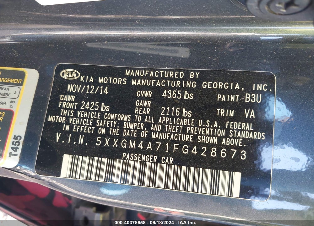 2015 KIA OPTIMA VIN: 5XXGM4A71FG428673