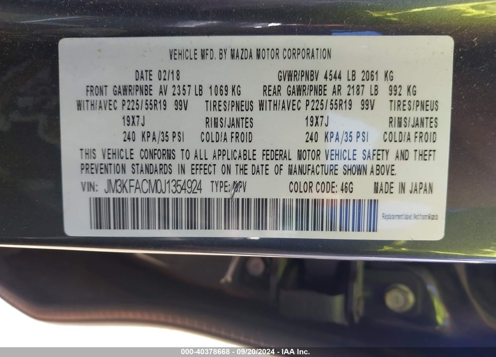 2018 MAZDA CX-5 TOURING VIN: JM3KFACM0J1354924