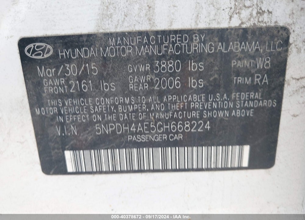 2016 HYUNDAI ELANTRA SE VIN: 5NPDH4AE5GH668224