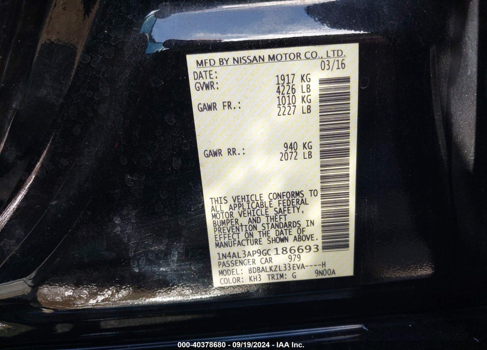 2016 NISSAN ALTIMA 2.5 SV VIN: 1N4AL3AP9GC186693