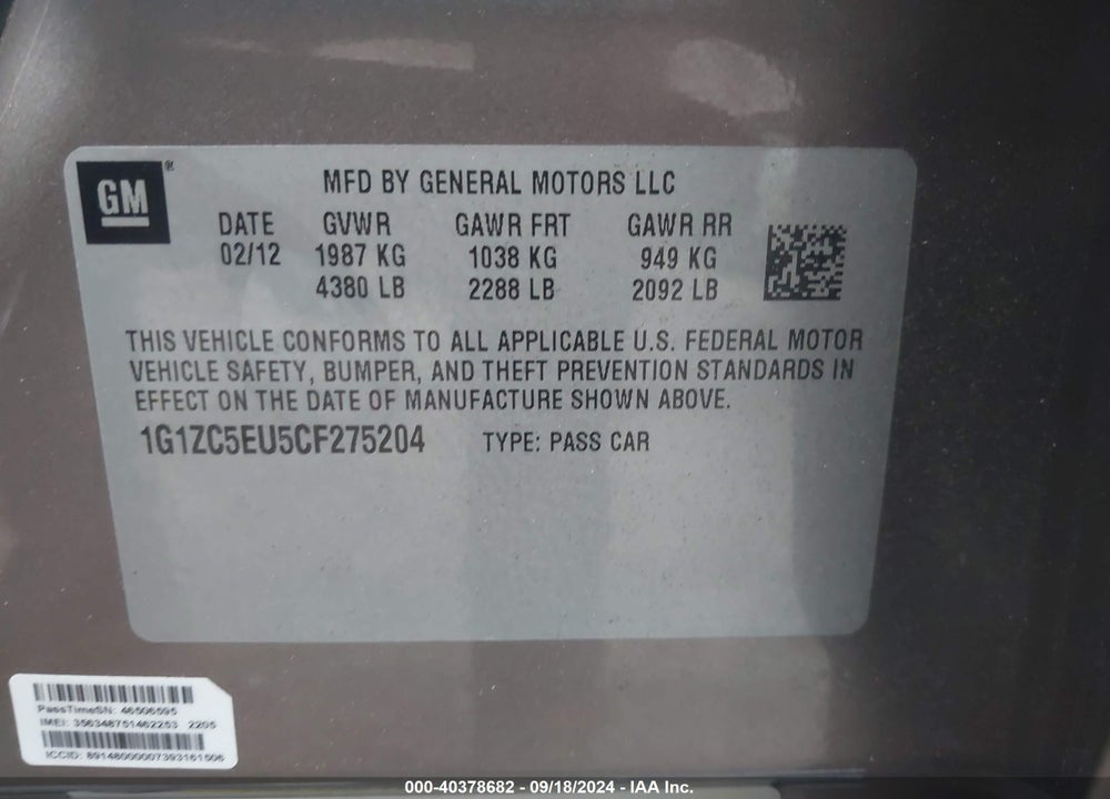 2012 CHEVROLET MALIBU 1LT VIN: 1G1ZC5EU5CF275204