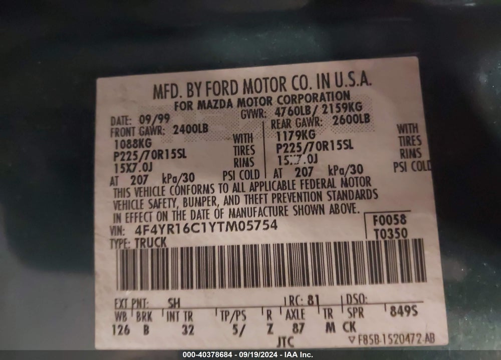 2000 MAZDA B2500 SE VIN: 4F4YR16C1YTM05754