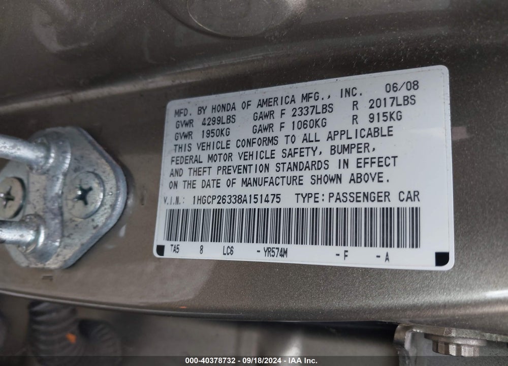 2008 HONDA ACCORD 2.4 LX VIN: 1HGCP26338A151475