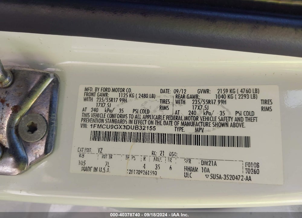 2013 FORD ESCAPE SE VIN: 1FMCU9GX3DUB32155
