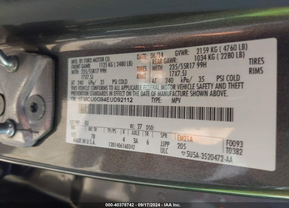 2014 FORD ESCAPE SE VIN: 1FMCU0G94EUD92112